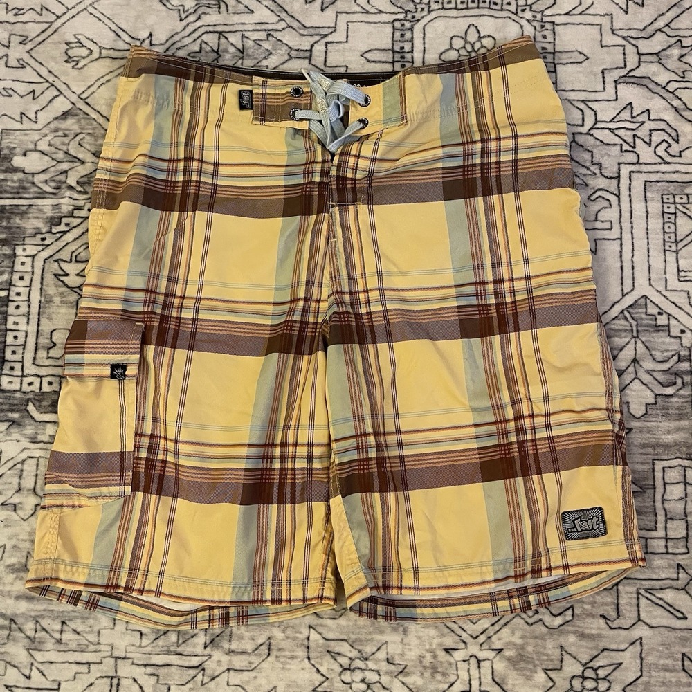 Vtg Lost Mayhem Black Sheep Plaid Board Shorts Swim Trunks w Pocket Size 34